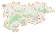 Mapa konturowa powiatu zgierskiego, na dole po lewej znajduje się punkt z opisem „Bełdów-Krzywa Wieś”