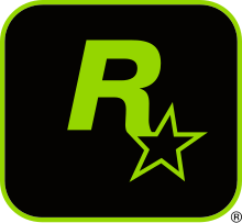 A capital "R" in green with a five-pointed, black star with a green outline appended to its lower-right end. They lay on a black square with a green outline and rounded corners.