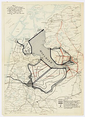 Gewijzigde versie van het plan-Lely (1924), met meer naar het noordoosten verlegde Afsluitdijk en vergrote Markerwaard (aangegeven als 'Z.W.Polder'), voorzien van randmeren