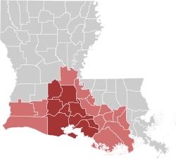 Map of Louisiana with Acadiana highlighted, and Cajun Heartland, USA in dark red