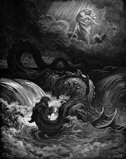 ”Leviatanin tuho”, Gustave Dorén puupiirros vuodelta 1865.