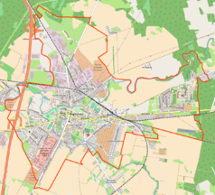 Mapa konturowa Międzyrzecza, w centrum znajduje się punkt z opisem „Stacja kolejowa Międzyrzecz”