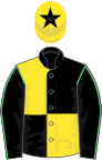 Black and yellow quartered, black sleeves, emerald green seams, yellow cap, black star