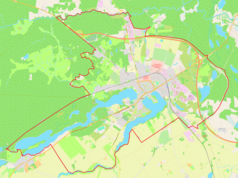 Mapa konturowa Wałcza, po prawej znajduje się owalna plamka nieco zaostrzona i wystająca na lewo w swoim dolnym rogu z opisem „Chmiel Duży”