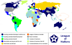 Anachronous world map in 1920–1945, showing the League of Nations and the world