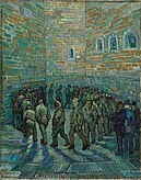 In an indoor prison yard a large group of men walk in a circle, one behind the other. The face of the prisoner in the centre of the painting and looking toward the viewer looks like van Gogh.