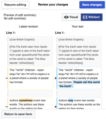 Screenshot showing the same changes, in the two-column wikitext diff display.