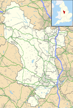 Mapa konturowa Derbyshire, u góry nieco na prawo znajduje się punkt z opisem „Dronfield”