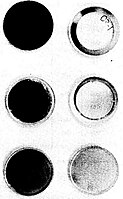 Post-flight appearance of Os, Ag, and Au mirrors from the front (left images) and rear panels of the Space Shuttle. Blackening reveals oxidation due to irradiation by oxygen atoms.[76][77]