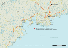 Carte de la façade est de la Nouvelle-Écosse et de la région d'Halifax indiquant les principales villes, les axes routiers et le lieu de l'accident.