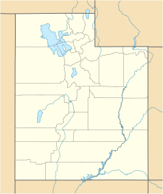 Mapa konturowa Utah, u góry znajduje się punkt z opisem „Salt Lake Temple”