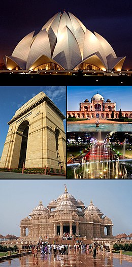 Fan boppe ôf mei de klok mei: Lotus Temple, Tombe fan Humayun, Connaught Place, Akshardham timpel en Yndiapoarte