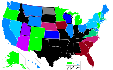 A state map of the United States color-coded for abortion access. A number of U.S. states in the center and especially south of the country have banned abortion apart from certain medical exceptions. In contrast, abortion is available on demand without a mandated time limit in Alaska, Colorado, Minnesota, New Jersey, New Mexico, Oregon, Vermont, and Washington, D. C. Because the situation is changing rapidly, please see the article text for details.