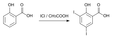 Herstellung von 3,5-Diiodsalicylsäure durch Iodierung von Salicylsäure in Eisessig