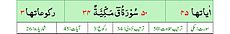 Qurʼon nusxalaridan biridagi Qof surasi sarlavhasi. Yuqorida oʻngdan: 1. Oyati 45, 2. Markazda qizil rangda sura tartib raqami 50, qora rangda - Qof surasi va Makkiy, qizil rangda nozil boʻlgan tartibi - 34, 3. Rukuʼsi soni - 3; Pastda oʻngdan: 1. Sura:Makkiy, 2. Tilovat tartibi:50, 3. Nozil boʻlish tartibi:34, 4. Rukuʼsi:3, 5. Oyati:45, 6. Porasi (Juzi):26 deb koʻrsatilgan.