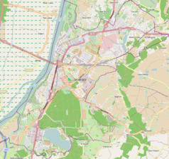 Mapa konturowa Grudziądza, u góry po prawej znajduje się punkt z opisem „Parafia Najświętszej Maryi Panny Wspomożycielki Wiernychw Grudziądzu”