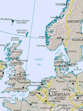 Map of the North Sea, bounded in the west by Great Britain, the east by Scandinavia, and the south by mainland Europe. The sea opens into the Atlantic ocean in the north, and is connected by a narrow water passage in the east to the Baltic Sea.