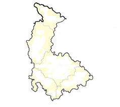 Mapa konturowa kraju ołomunieckiego, na dole nieco na prawo znajduje się punkt z opisem „Domaželice”