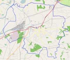 Mapa konturowa Skawiny, w centrum znajduje się punkt z opisem „Ratusz w Skawinie”