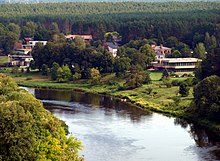 A scenic riverside neighborhood, seen from above