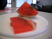 Xi gua lao (watermelon agar jelly) is typically prepared with watermelon, cherries, agar, sugar and vanilla powder.