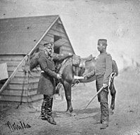 Crimean War, [Colonel W.L.Yea with his horse, receives a signal from his adjutant, Lt.J.St Clair Hobson. Both killed at Sevastopol 18 June 1855], asi 1855