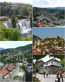 No sentido horário a partir de cima: A Cachoeira Pliva, Vista panorâmica da área oriental de Maršala Tita da Fortaleza de Jajce, Fortaleza de Jajce e área antiga, Meadow Gate e a casa nativa de Omer Bey e a vista da área de Šejh Mustafe.