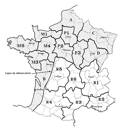 Carte de l'organisation territoriale de la Résistance intérieure française