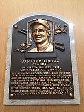 Baseball Hall of Fame plaque of pitcher Sandy Koufax