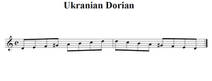 uma representação visual da escala dórica ucraniana D, E, F, GPredefinição:Music, A, B,C, D