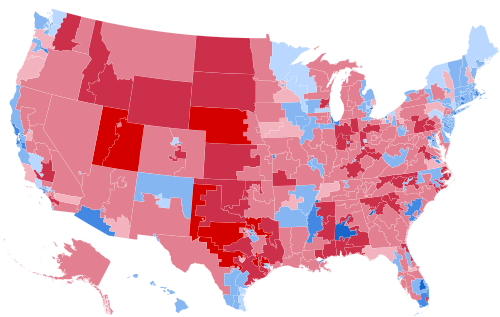 Results by congressional district, shaded according to winning candidate's percentage of the vote.