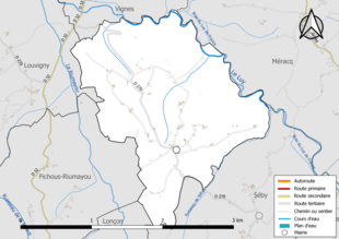 Carte en couleur présentant le réseau hydrographique de la commune