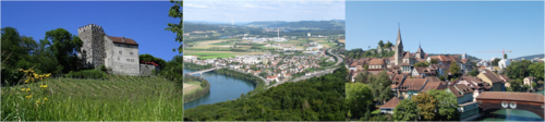 von links nach rechts: Schloss Habsburg, Ortschaft Stein, Altstadt von Baden