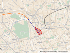 De plannen voor HS2 ingetekend op de kaart, naar rechts de HS1 naar de kanaaltunnel, naar links Euston (rood) en de HS2