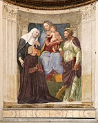 Fresque de la chapelle Ponzetti de Baldassarre Peruzzi, Vierge à l'Enfant entre sainte Brigitte, sainte Catherine et le donateur Ferdinando Ponzetti.