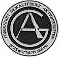 Das zerbrochene Gewehr im Logo der zwischen 1980 und Ende der 1990er Jahre bestehenden anarchopazifistischen Föderation Gewaltfreier Aktionsgruppen (FöGA), zeitweilig gemeinsame Verwendung mit der Zeitschrift Graswurzelrevolution