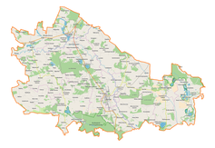 Mapa konturowa powiatu lubartowskiego, po lewej znajduje się punkt z opisem „Międzydrogi”