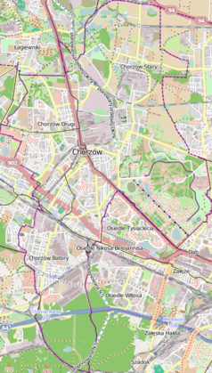 Mapa konturowa Chorzowa, blisko centrum u góry znajduje się punkt z opisem „Huta Kościuszko”