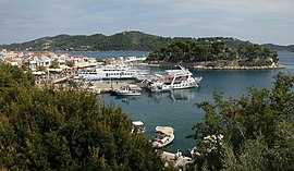 View of the harbour of Skiathos Town