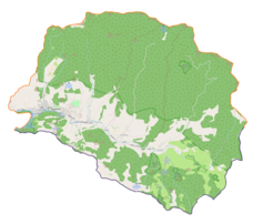 Mapa konturowa gminy Szczawnica, u góry po lewej znajduje się punkt z opisem „źródło”, natomiast po lewej znajduje się punkt z opisem „ujście”