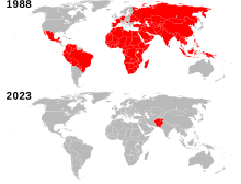 En 1988, avant que l'Organisation mondiale de la santé ne décide d'éradiquer la poliomyélite, elle était endémique dans 175 pays et territoires différents. En 2023, elle n'était endémique que dans deux pays : l'Afghanistan et le Pakistan.