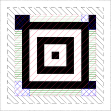 The core of the compact Aztec code (red ascending diagonal hatching), showing the central bulls-eye, the four orientation marks (blue diagonal cross-hatching), and space for 28 bits (7 bits per side) of coding information (green horizontal hatching). The first ring of data begins outside that (grey descending diagonal hatching).