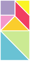 A Tangram puzzle, with its pieces in the rectangular "storage" configuration.