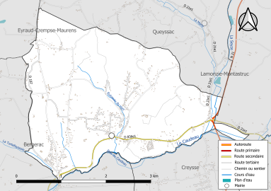 Carte en couleur présentant le réseau hydrographique de la commune