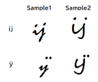 筆記体フォントにおける「ij」と「ÿ」の比較。