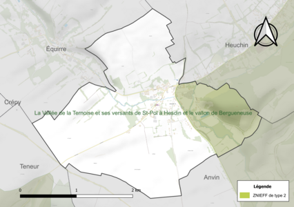 Carte de la ZNIEFF de type 2 sur la commune.