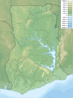 Mapa konturowa Ghany, na dole nieco na prawo znajduje się czarny trójkącik z opisem „Akwawa”