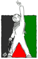 'Global Intifada' by Latuff shows a 'global persona' wearing a Keffiyeh, making the V (victory) sign with the left hand and holding a slingshot in the right hand, in front the Palestinian flag