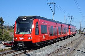 A San Diego Trolley (Green Line) approaching El Cajon Transit Center.