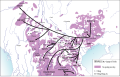 Image 52Map showing linguistic family tree overlaid on a geographic distribution map of Tai-Kadai family. This map only shows general pattern of the migration of Tai-speaking tribes, not specific routes, which would have snaked along the rivers and over the lower passes. (from History of Thailand)